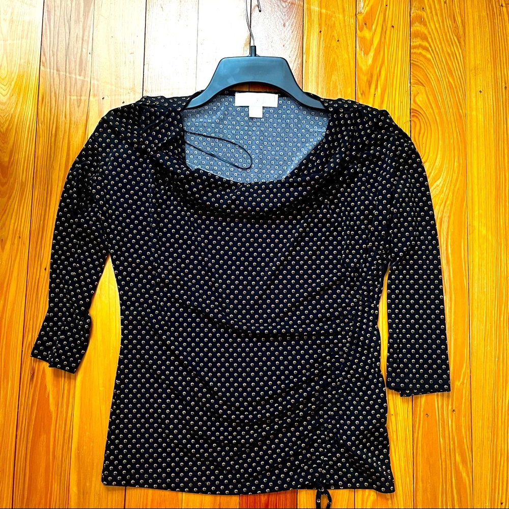 Michael Kors Black And Gold Cowl Neck Top With 3/4 Sleeves